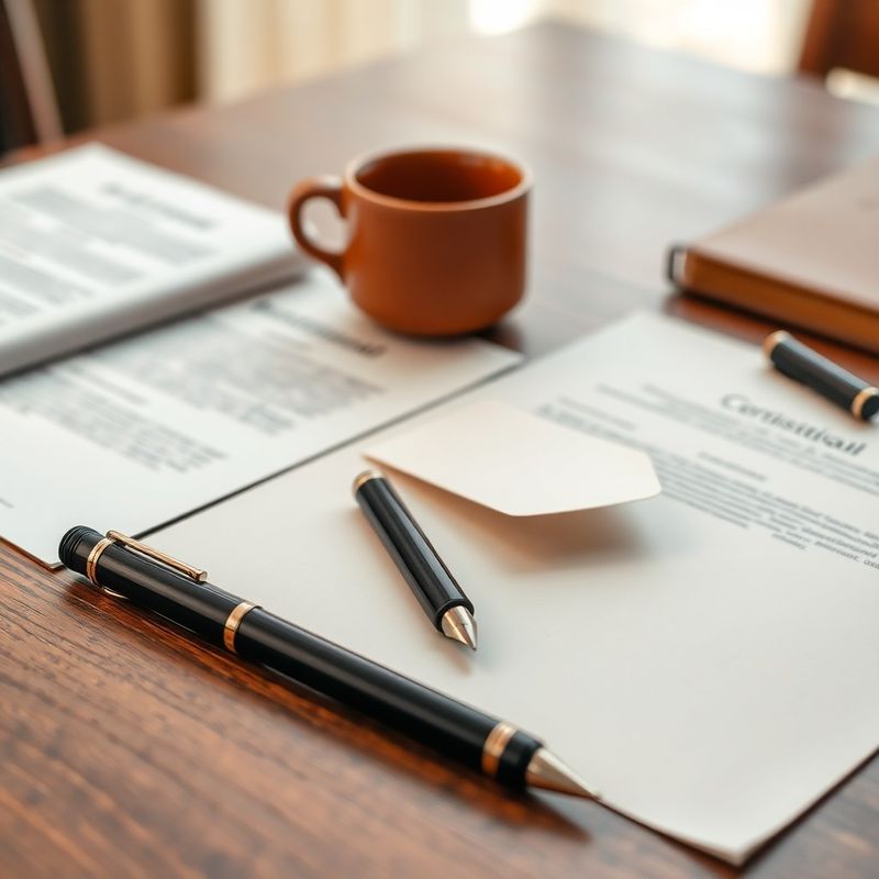 Birou notarial cu documente, stilou și cană de cafea ceramică